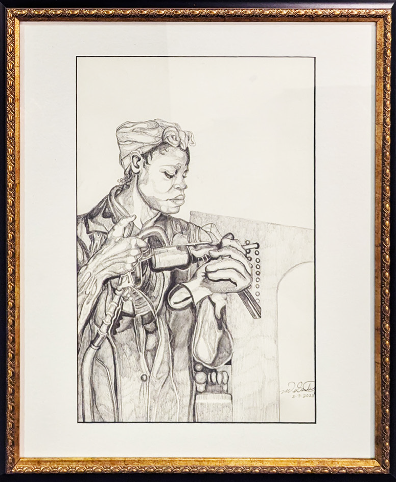 ink drawing of a female welder