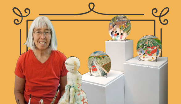 Bethlo next to one of her sculptures and 3 plate illustrations from the exhibit with a yellow background