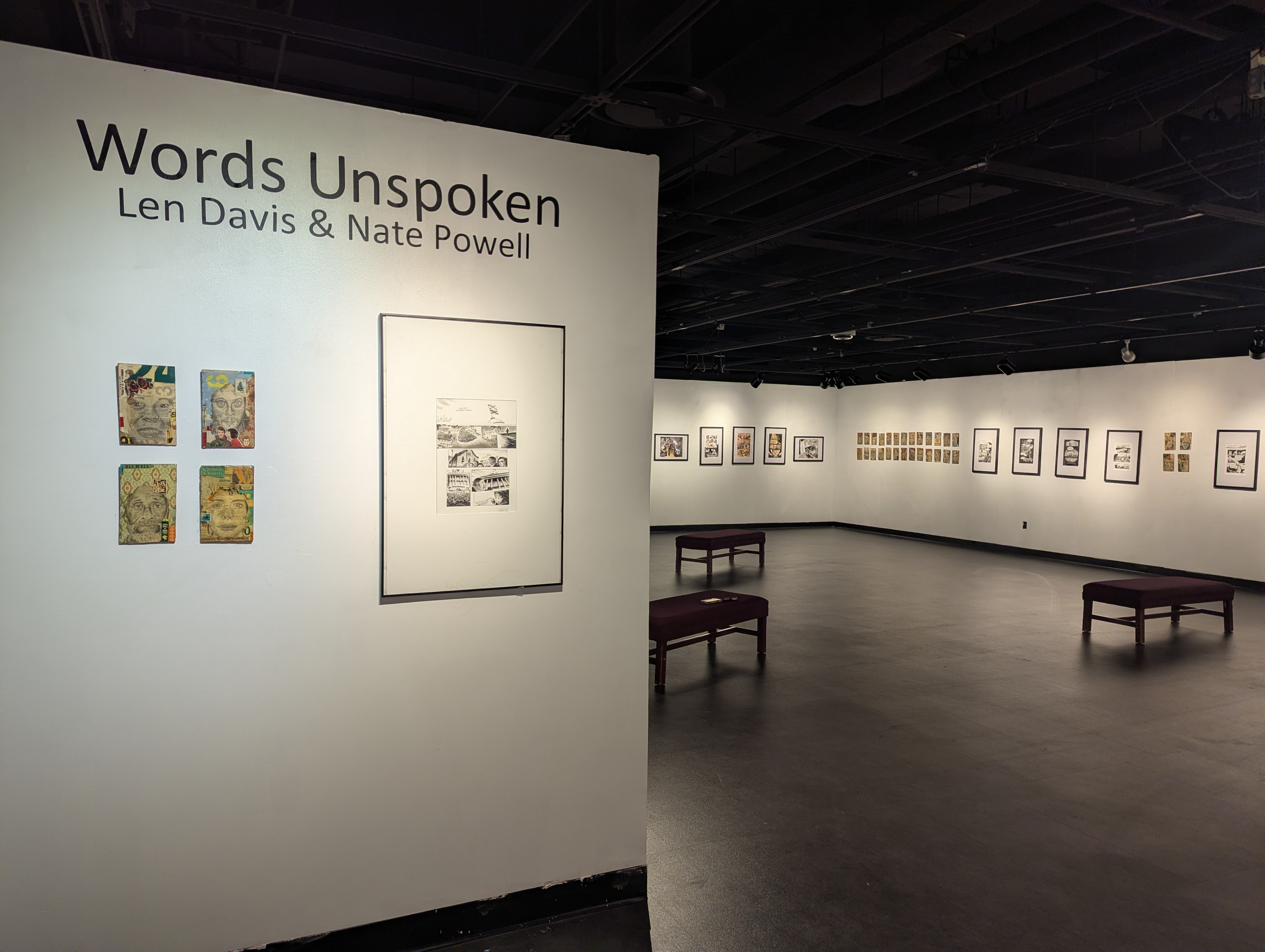 framed works by len davis and nate powell in west gallery with wall text saying "Unspoken Words"