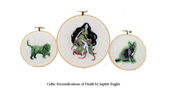 3 embroideries dipicting "Celtic personifications of death" by Jupiter Engler